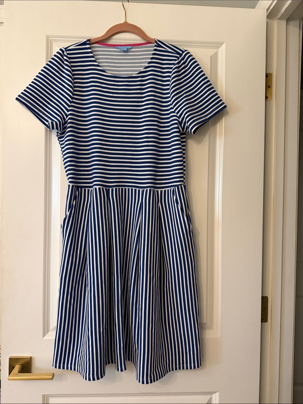 Draper James Striped Short-Sleeve Fit & Flare Dress in Navy and White